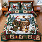 Santa Deer Hunt quilted 3-piece bedding set on a made bed in a winter-styled bedroom