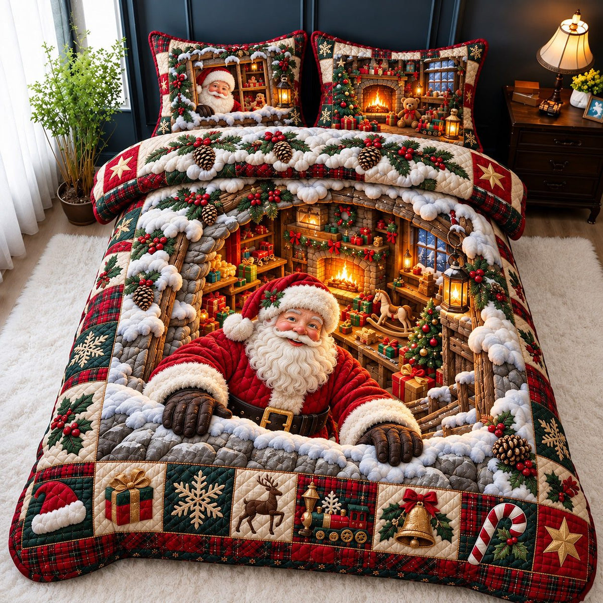 Santa Fireplace quilted 3-piece bedding set on a made bed in a winter-styled bedroom