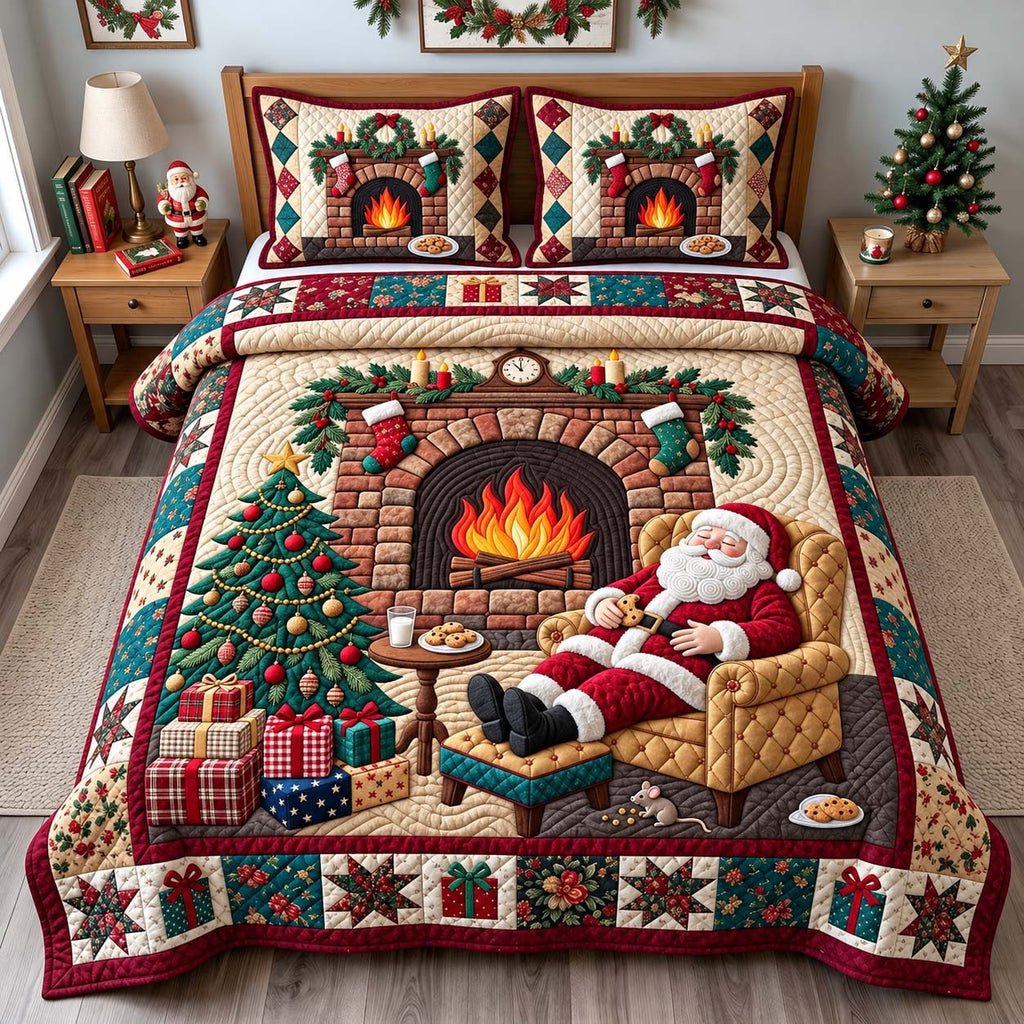 Santa Fireside Dreams quilted 3-piece bedding set on a made bed in a winter-styled bedroom