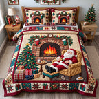 Santa Fireside Dreams quilted 3-piece bedding set on a made bed in a winter-styled bedroom