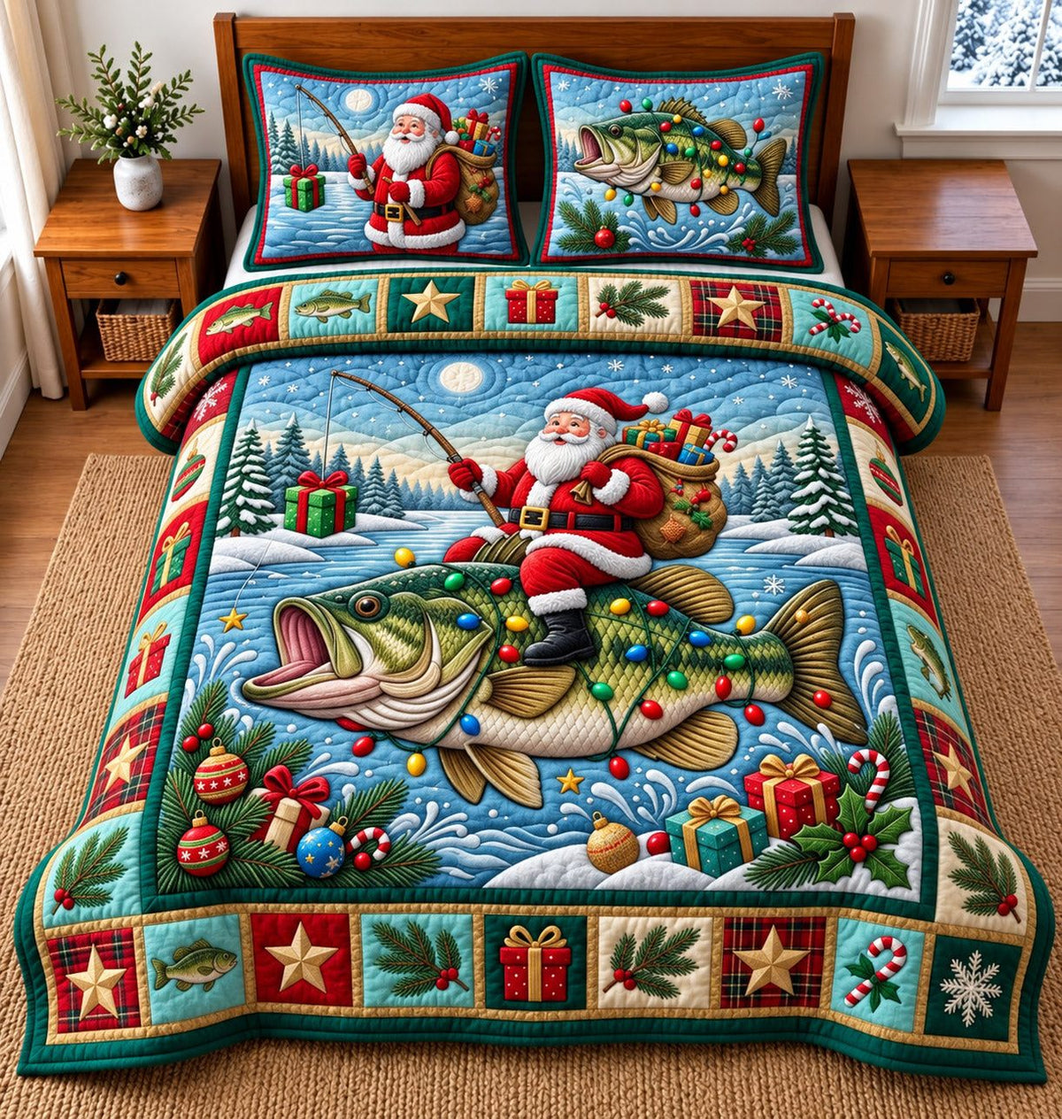 Santa Fishing quilted 3-piece bedding set on a made bed in a winter-styled bedroom