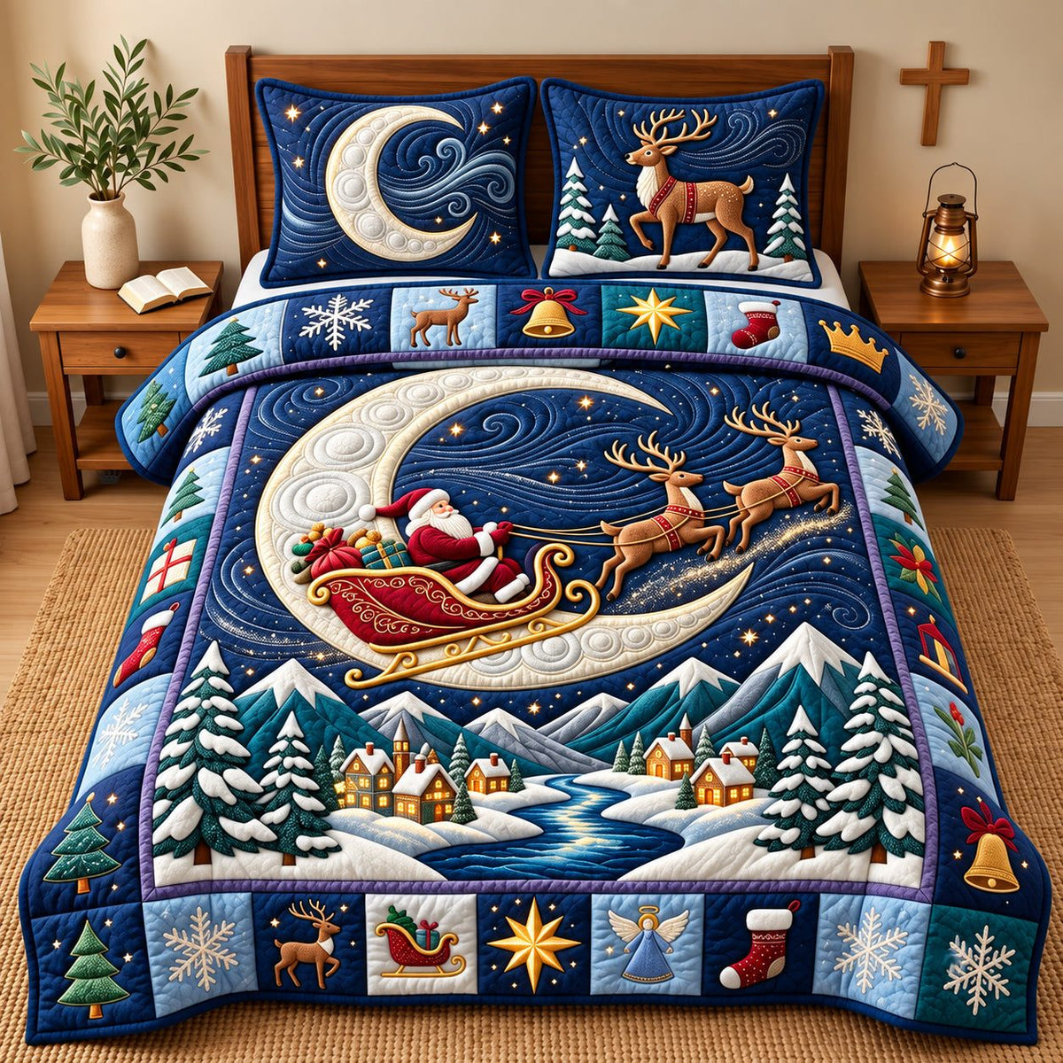 Santa Giant Moon quilted 3-piece bedding set on a made bed in a winter-styled bedroom