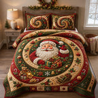 Santa Gift Circle quilted 3-piece bedding set on a made bed in a winter-styled bedroom