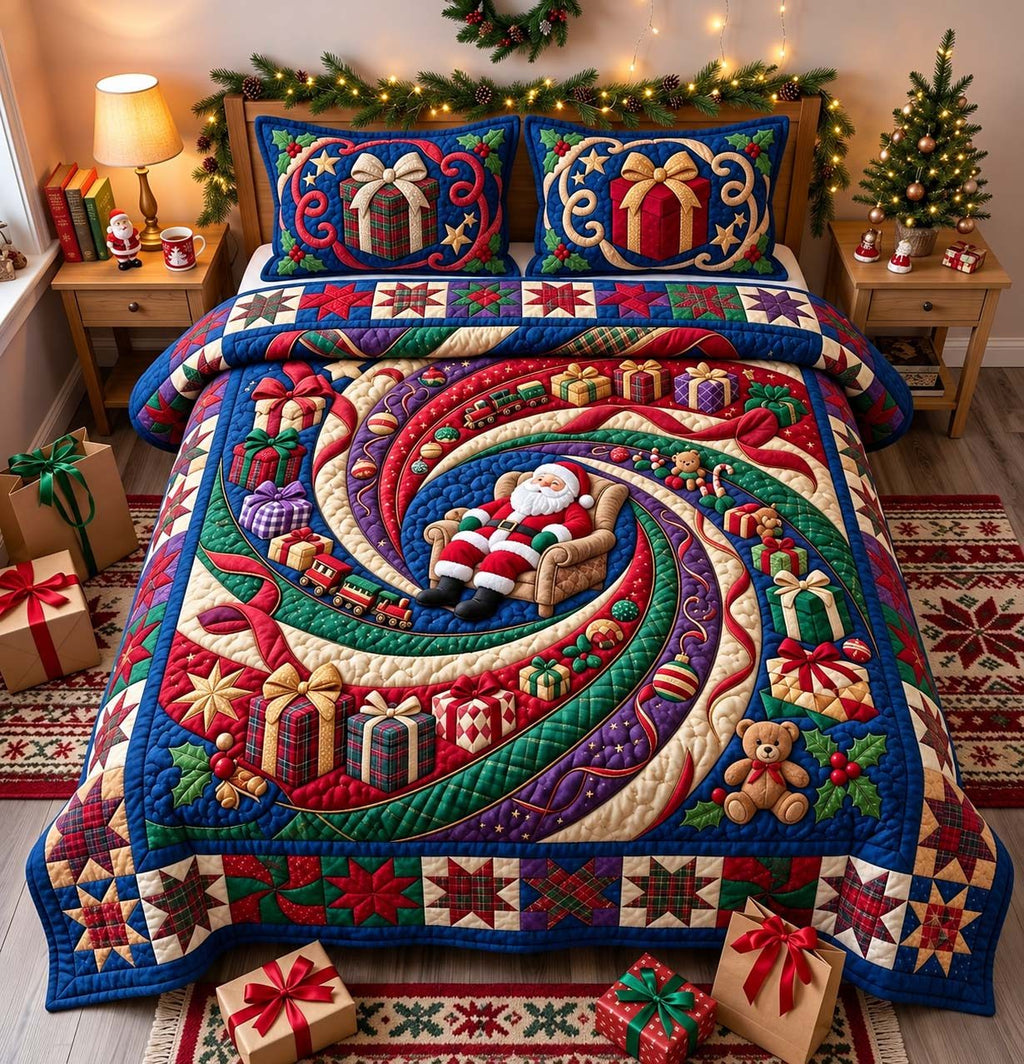 Santa Gift Whirl quilted 3-piece bedding set on a made bed in a winter-styled bedroom