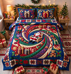 Santa Gift Whirl quilted 3-piece bedding set on a made bed in a winter-styled bedroom