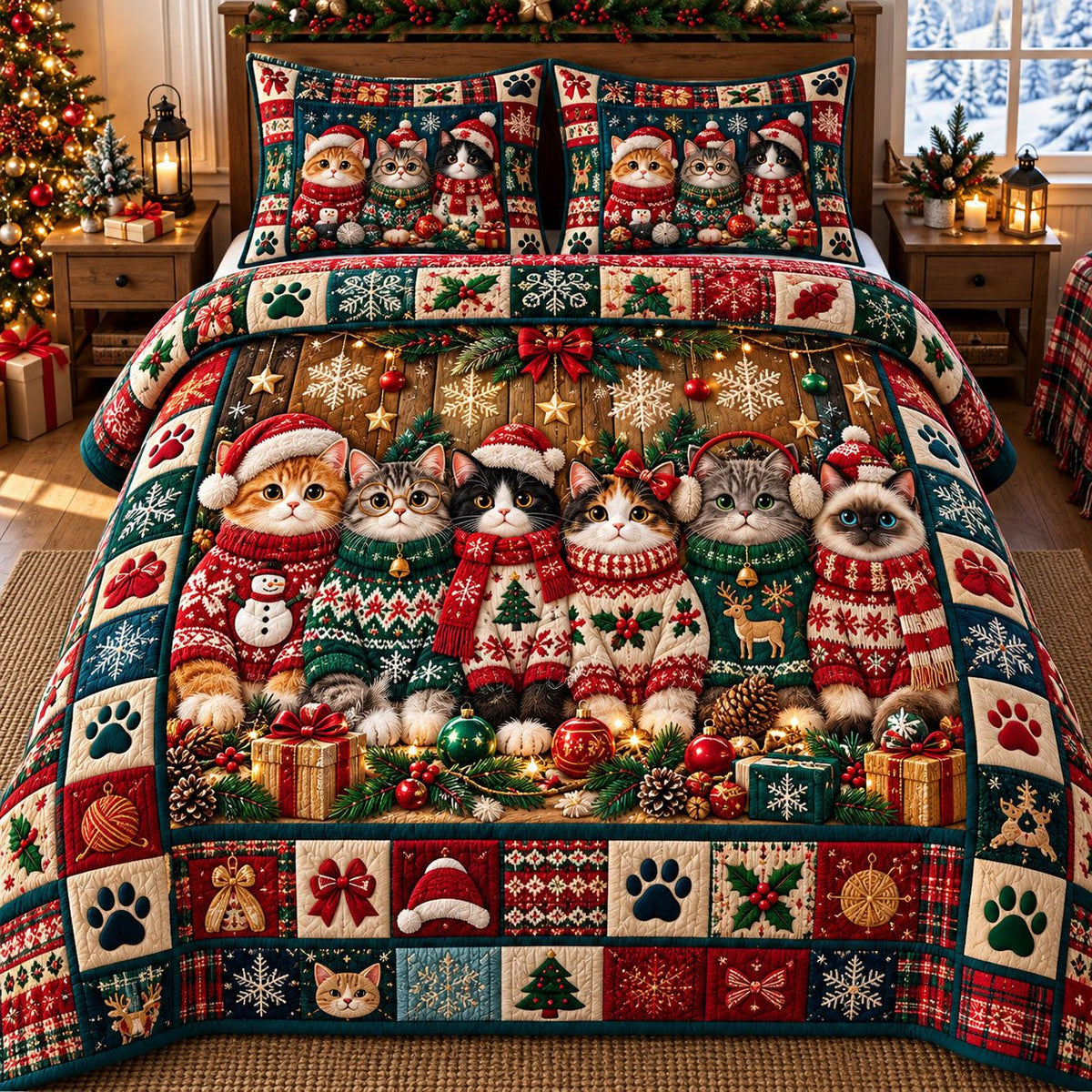 Santa Hat Cat Choir quilted 3-piece bedding set on a made bed in a winter-styled bedroom