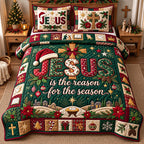 Santa Hat Jesus Reason For The Season quilted 3-piece bedding set on a made bed in a winter-styled bedroom