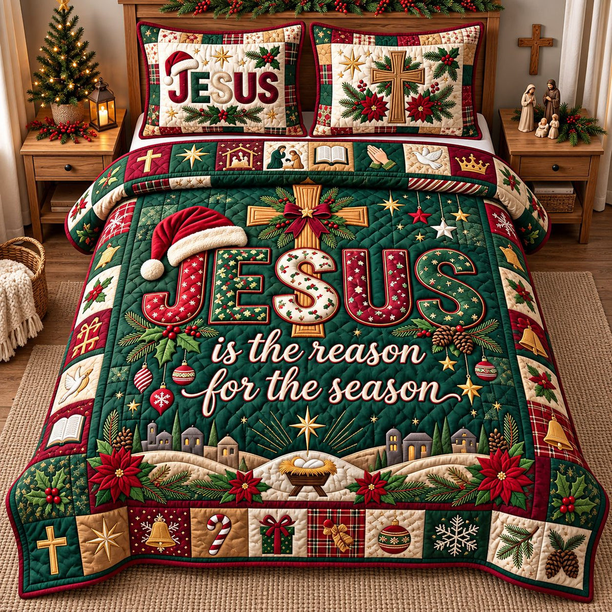 Santa Hat Jesus Reason For The Season quilted 3-piece bedding set on a made bed in a winter-styled bedroom