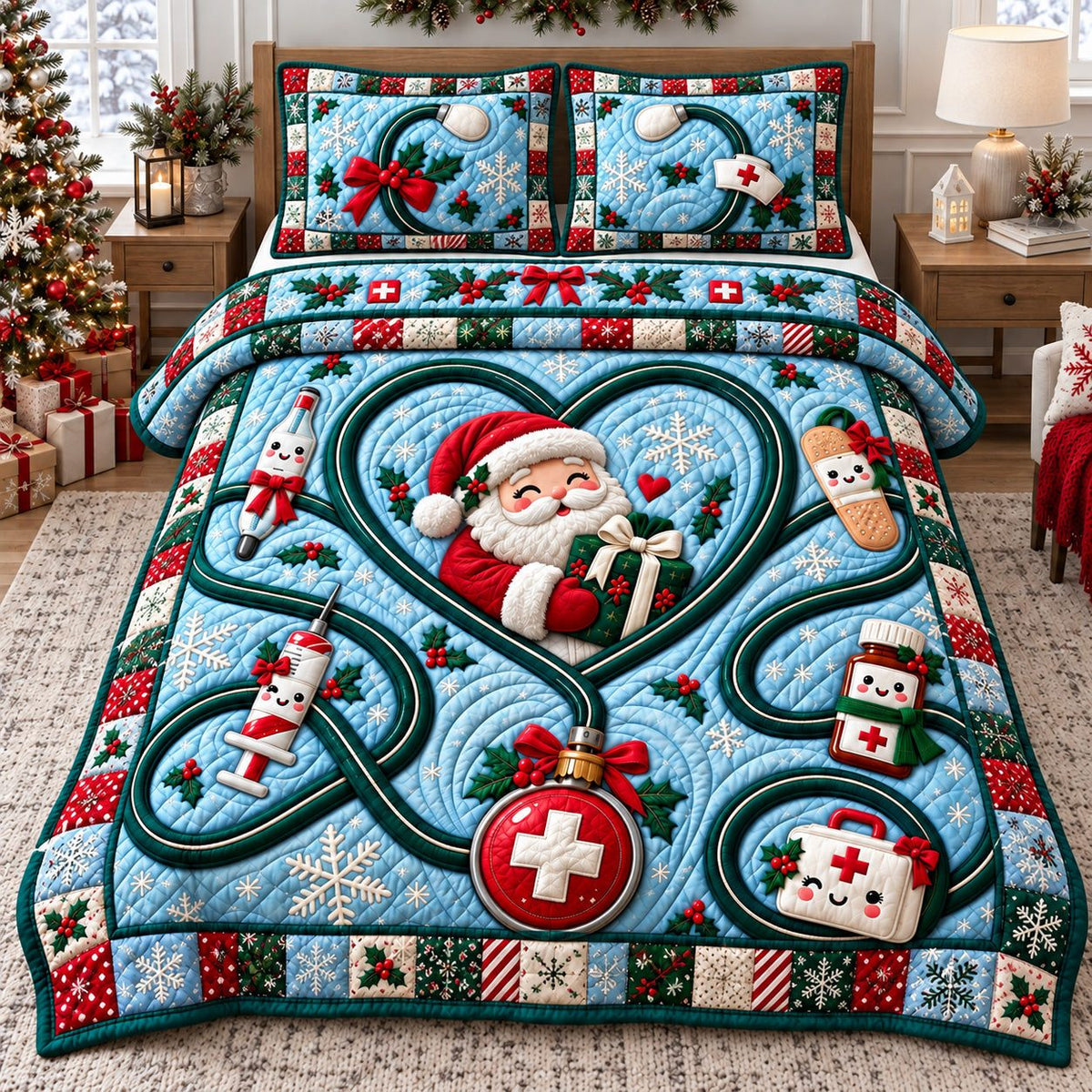 Santa Heartbeat Christmas quilted 3-piece bedding set on a made bed in a winter-styled bedroom