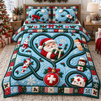 Santa Heartbeat Christmas quilted 3-piece bedding set on a made bed in a winter-styled bedroom