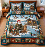 Santa Hunting quilted 3-piece bedding set on a made bed in a winter-styled bedroom