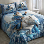 Santa Journey Wolf quilted 3-piece bedding set on a made bed in a winter-styled bedroom