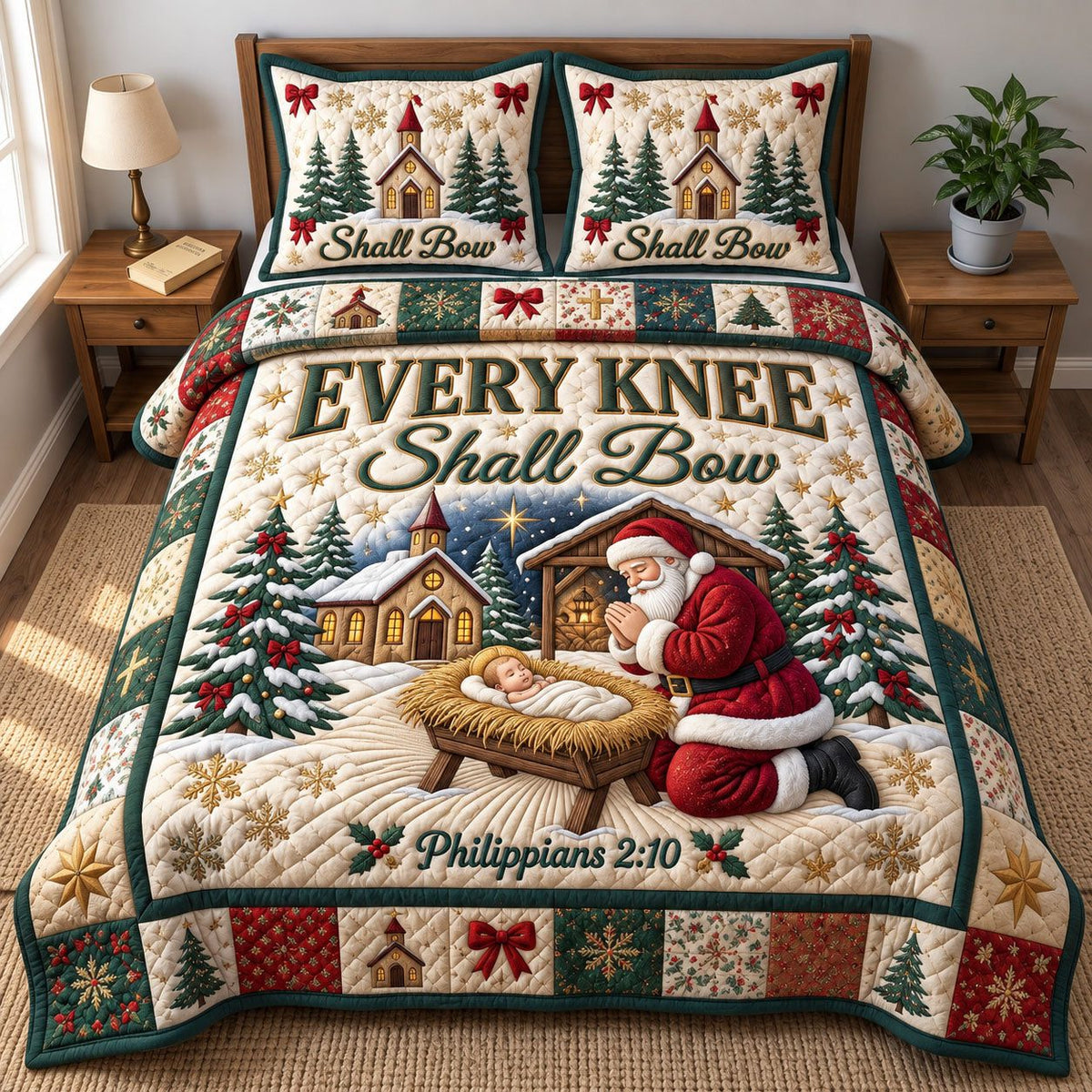 Santa Kneeling Every Knee Shall Bow quilted 3-piece bedding set on a made bed in a winter-styled bedroom