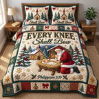 Santa Kneeling Every Knee Shall Bow quilted 3-piece bedding set on a made bed in a winter-styled bedroom