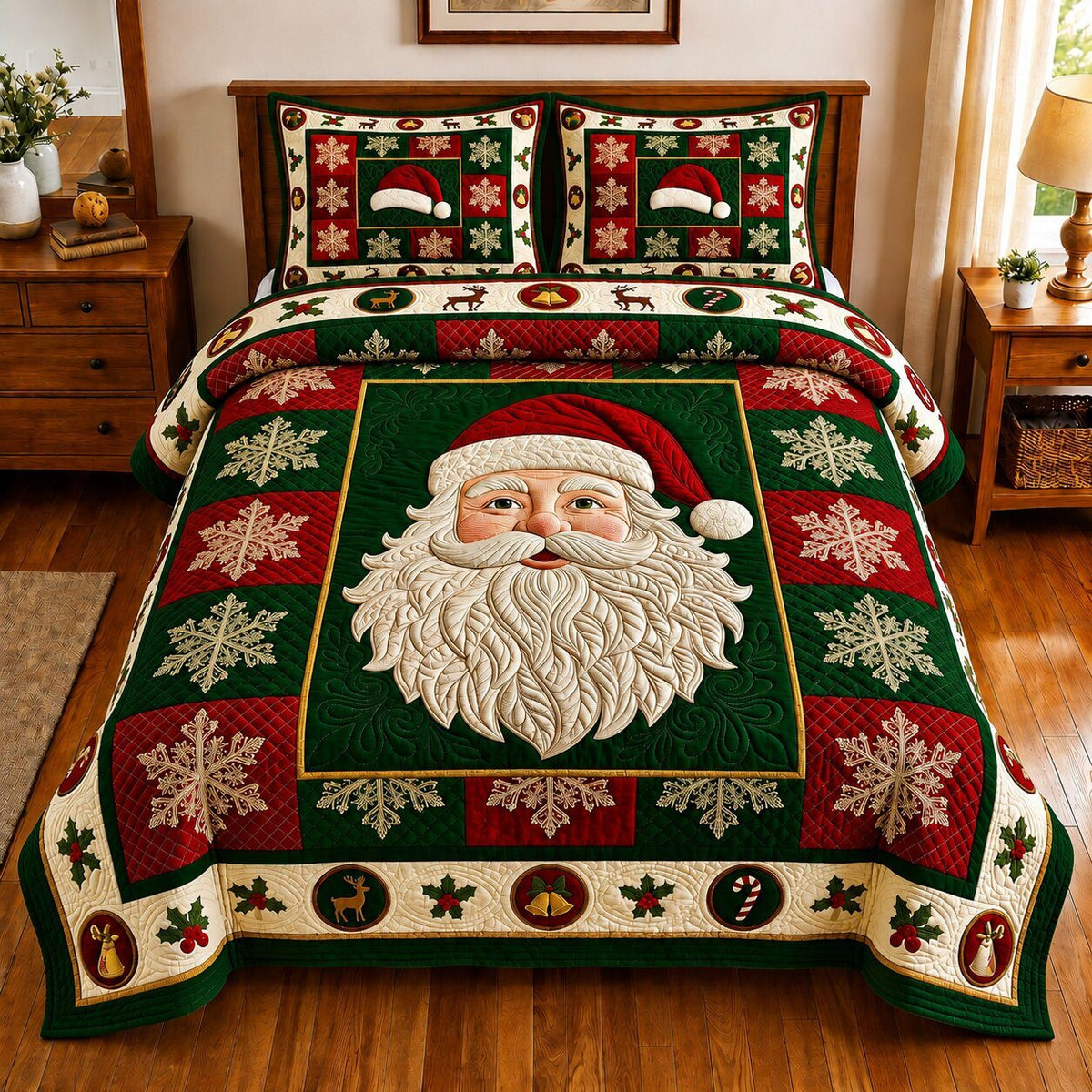 Santa Magic quilted 3-piece bedding set on a made bed in a winter-styled bedroom