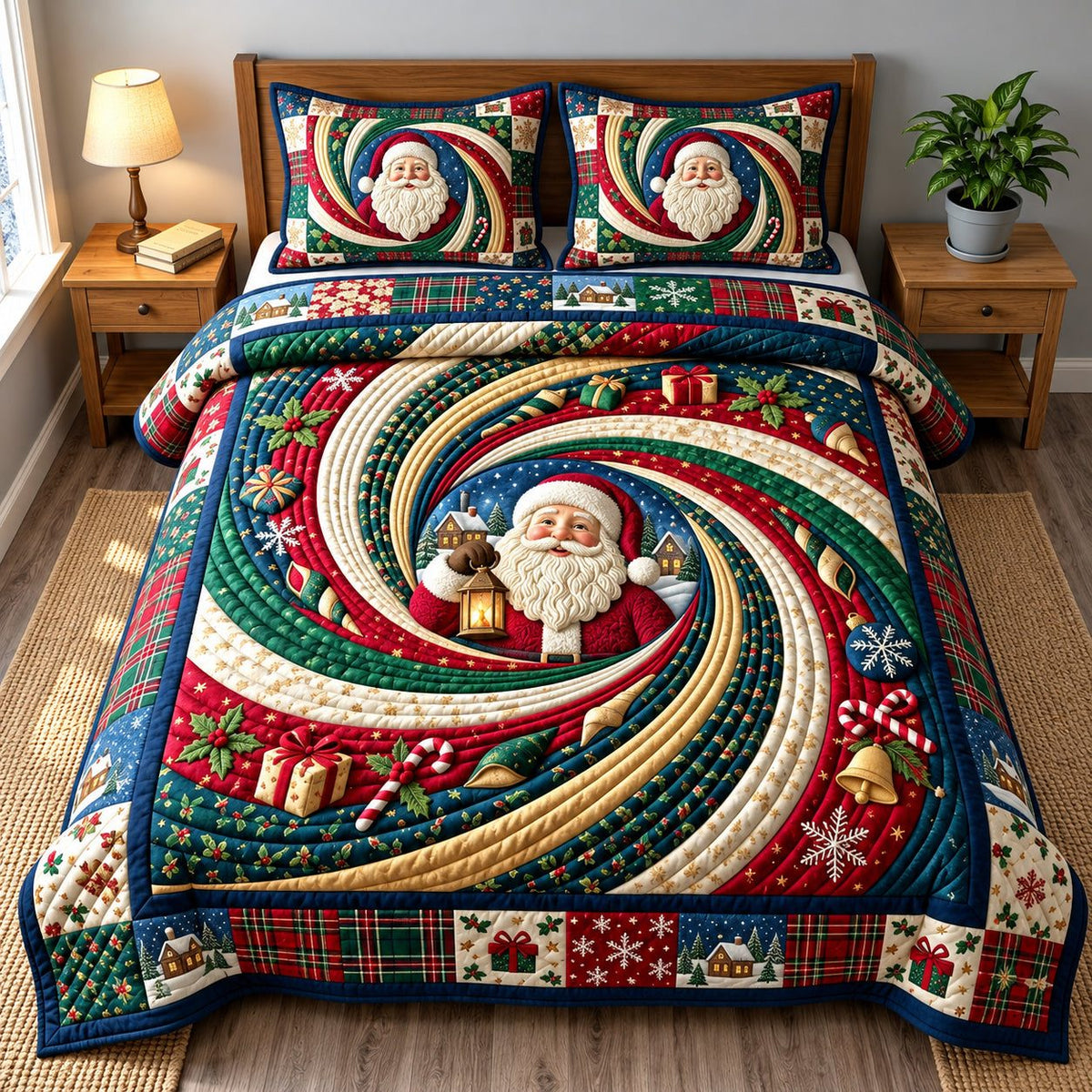 Santa Magical Votex quilted 3-piece bedding set on a made bed in a winter-styled bedroom