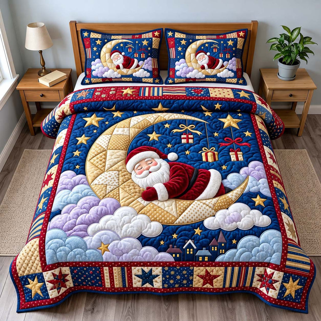 Santa Moonlight Dreams quilted 3-piece bedding set on a made bed in a winter-styled bedroom