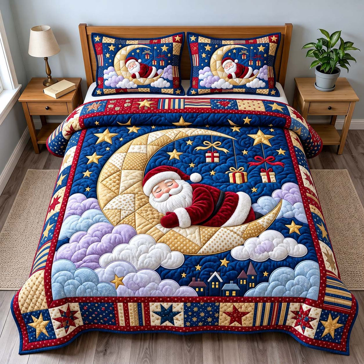 Santa Moonlight Dreams quilted 3-piece bedding set on a made bed in a winter-styled bedroom