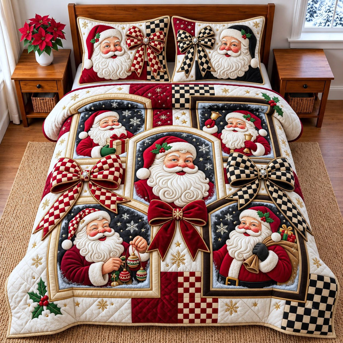 Santa Patchwork quilted 3-piece bedding set on a made bed in a winter-styled bedroom