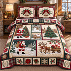 Santa Sack Festive Patchwork quilted 3-piece bedding set on a made bed in a winter-styled bedroom