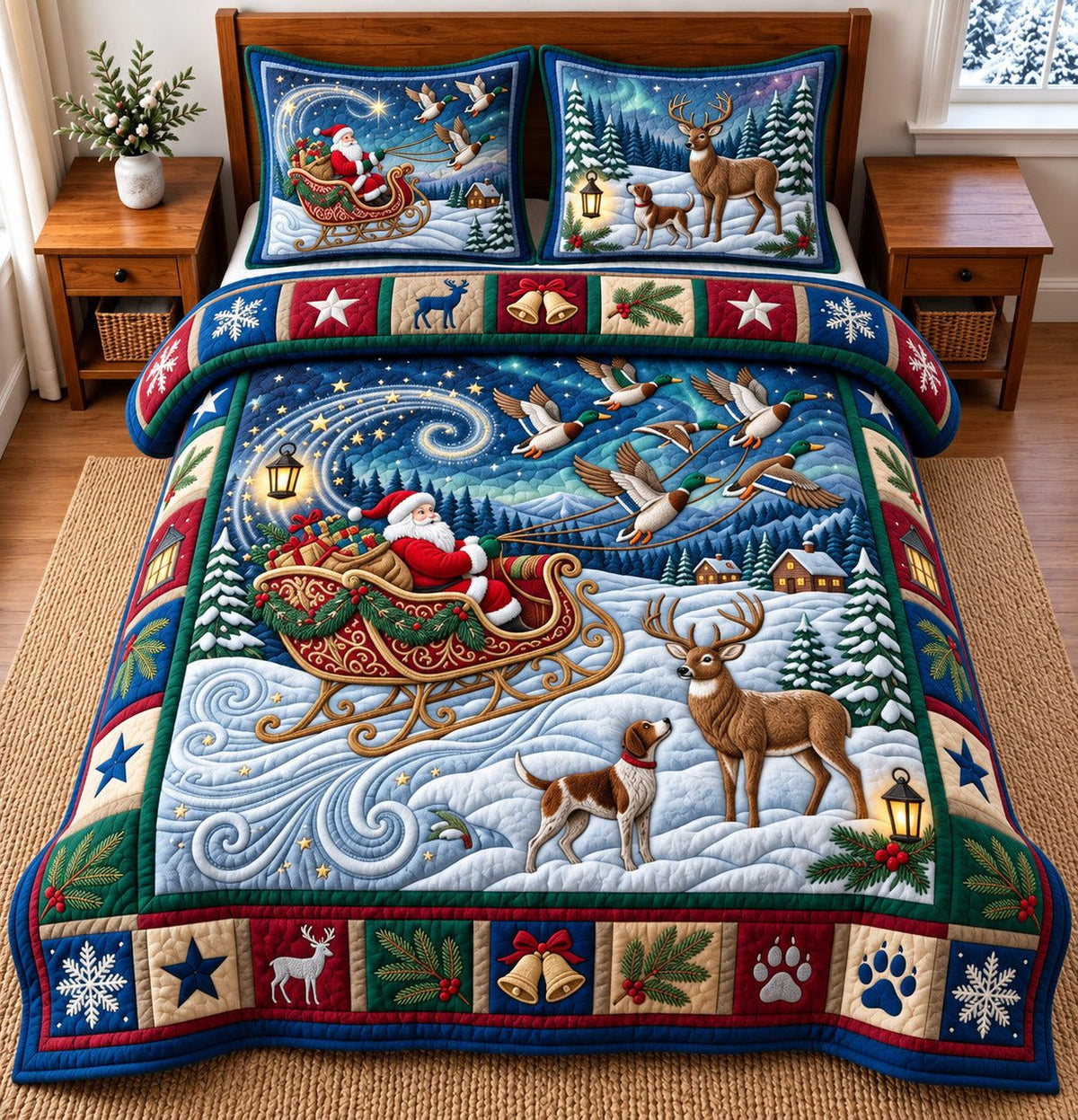 Santa Sleigh quilted 3-piece bedding set on a made bed in a winter-styled bedroom
