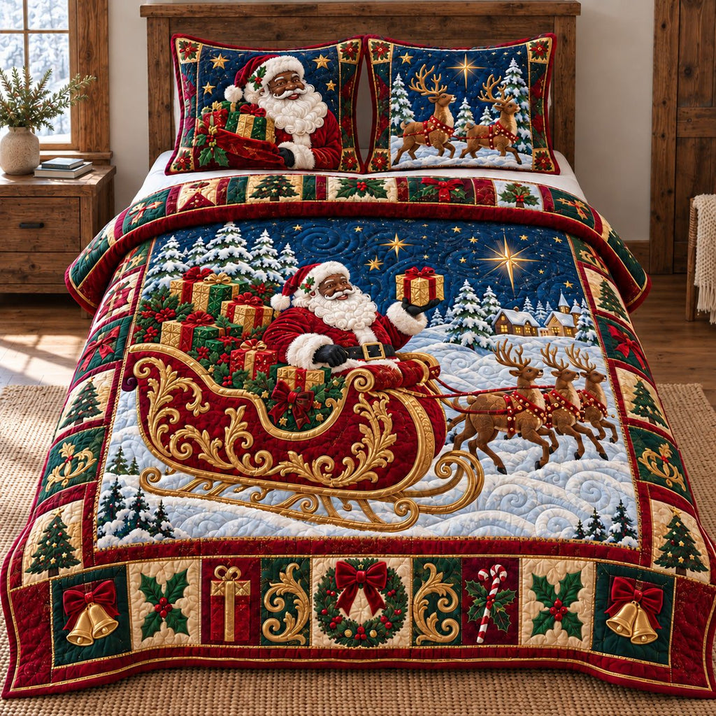 Santa Sleigh Ride quilted 3-piece bedding set on a made bed in a winter-styled bedroom