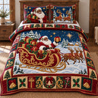 Santa Sleigh Ride quilted 3-piece bedding set on a made bed in a winter-styled bedroom