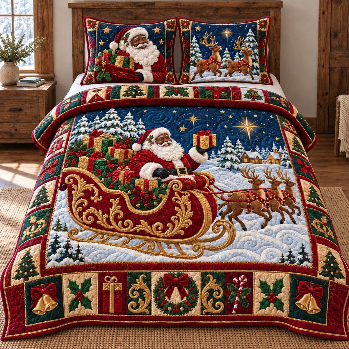 Santa Sleigh Ride quilted 3-piece bedding set on a made bed in a winter-styled bedroom