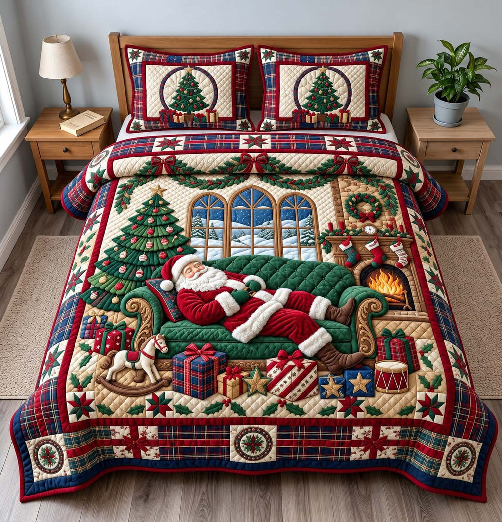 Santa Sofa Snooze quilted 3-piece bedding set on a made bed in a winter-styled bedroom