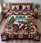 Santa Sofa Snooze quilted 3-piece bedding set on a made bed in a winter-styled bedroom
