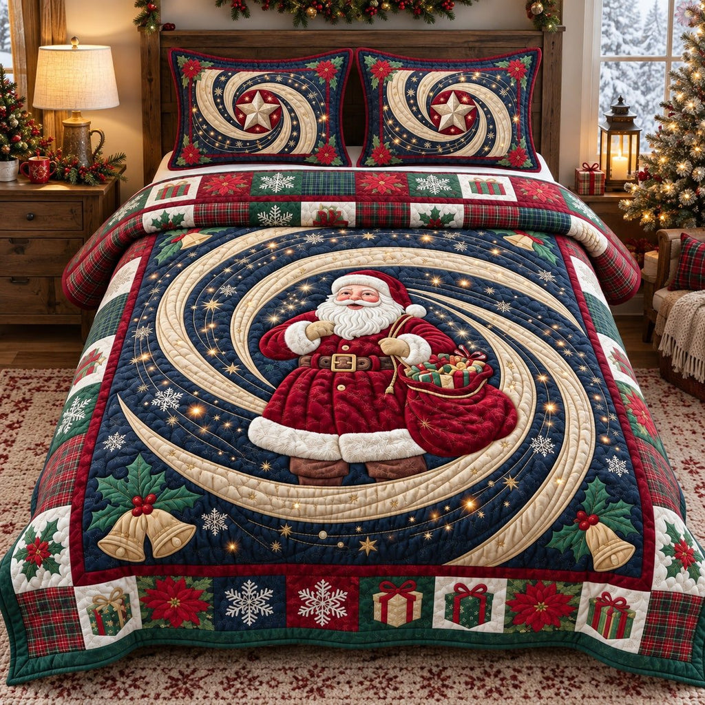 Santa Starry Night quilted 3-piece bedding set on a made bed in a winter-styled bedroom