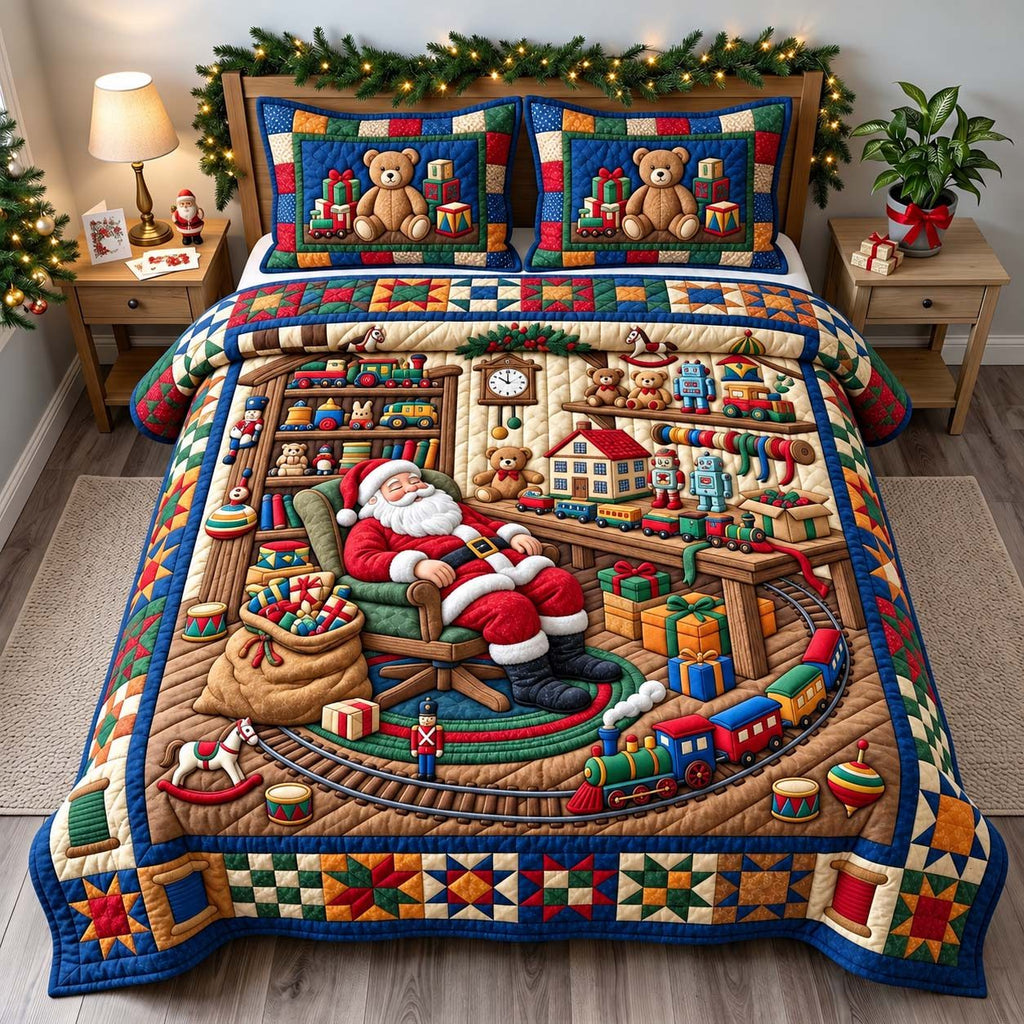 Santa Toyshop Nap quilted 3-piece bedding set on a made bed in a winter-styled bedroom