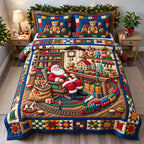 Santa Toyshop Nap quilted 3-piece bedding set on a made bed in a winter-styled bedroom