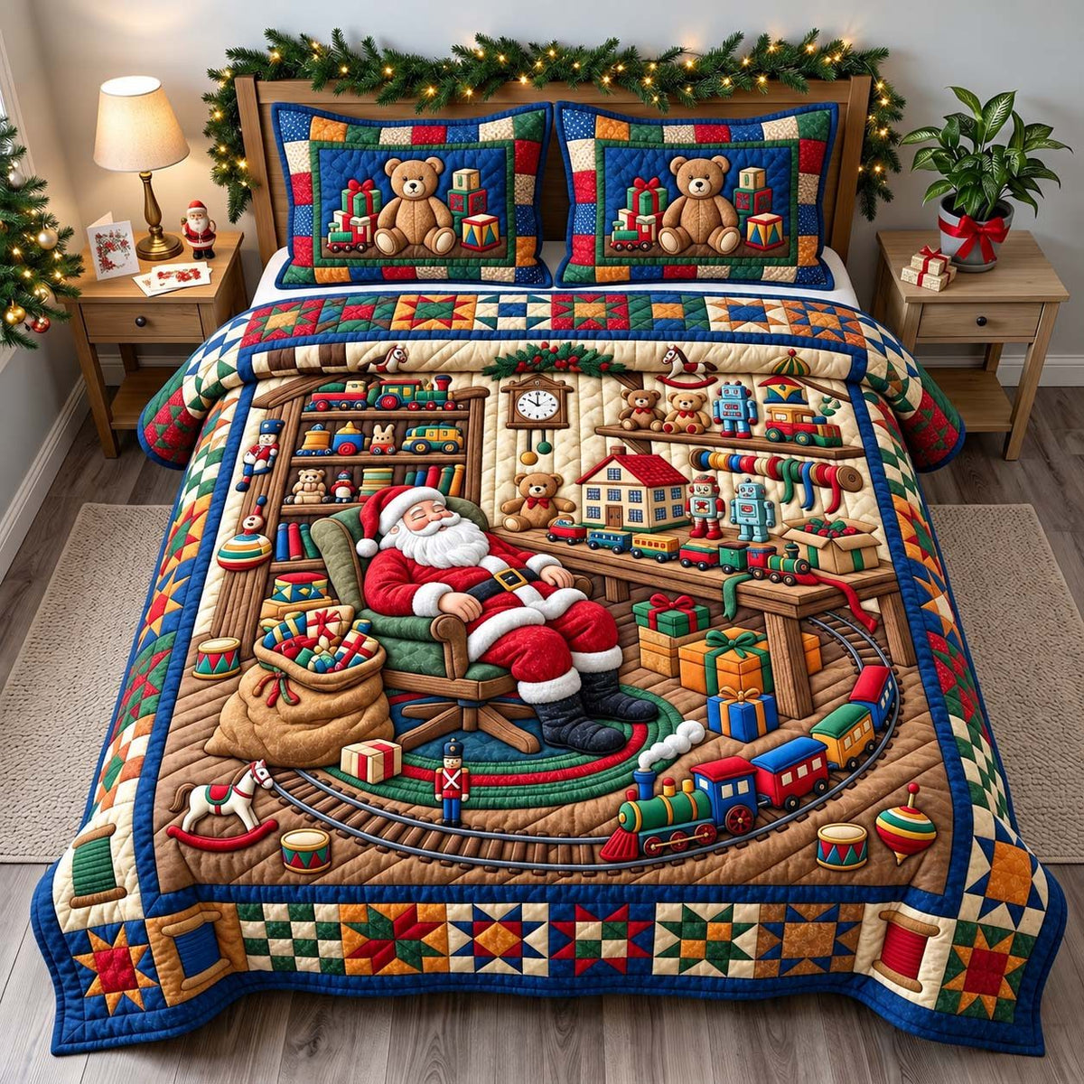 Santa Toyshop Nap quilted 3-piece bedding set on a made bed in a winter-styled bedroom