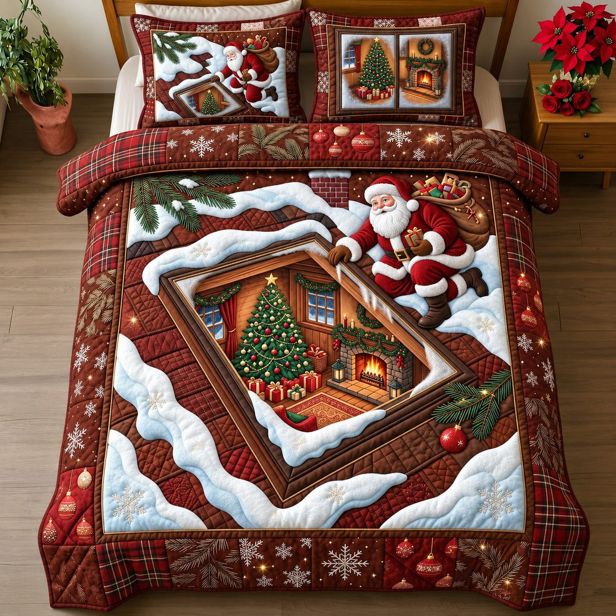 Santa Village quilted 3-piece bedding set on a made bed in a winter-styled bedroom