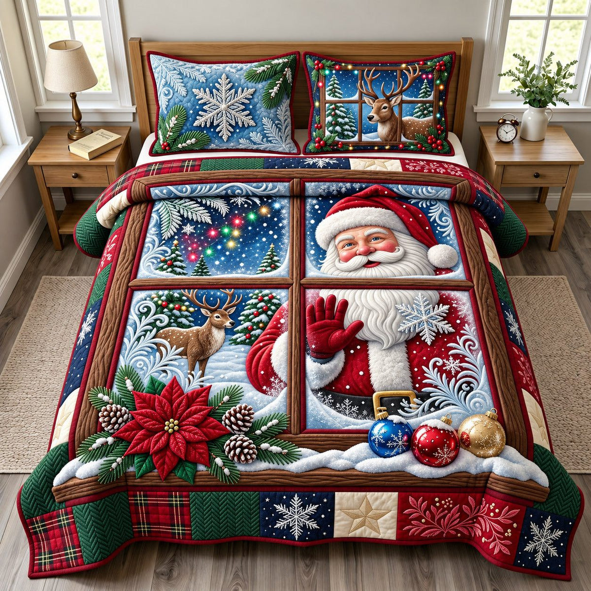 Santa Window quilted 3-piece bedding set on a made bed in a winter-styled bedroom
