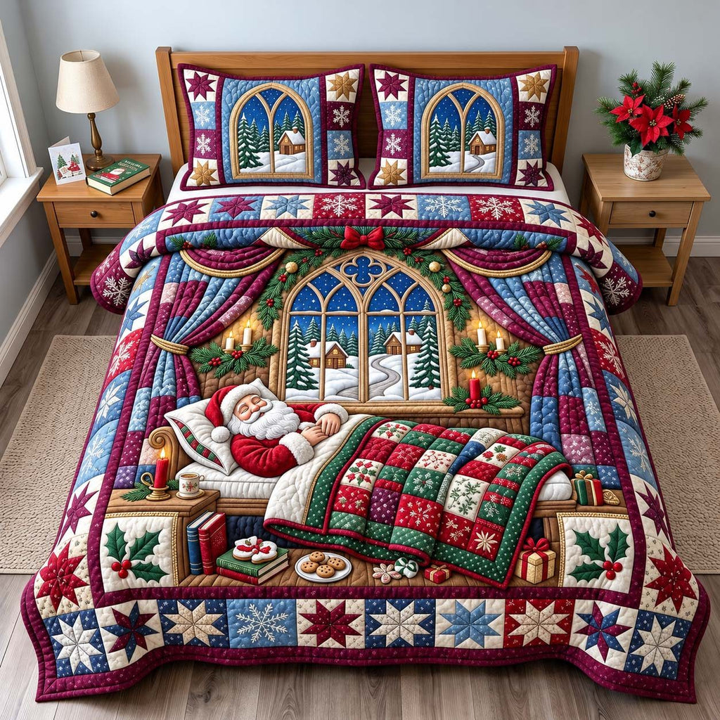 Santa Winter Slumber quilted 3-piece bedding set on a made bed in a winter-styled bedroom
