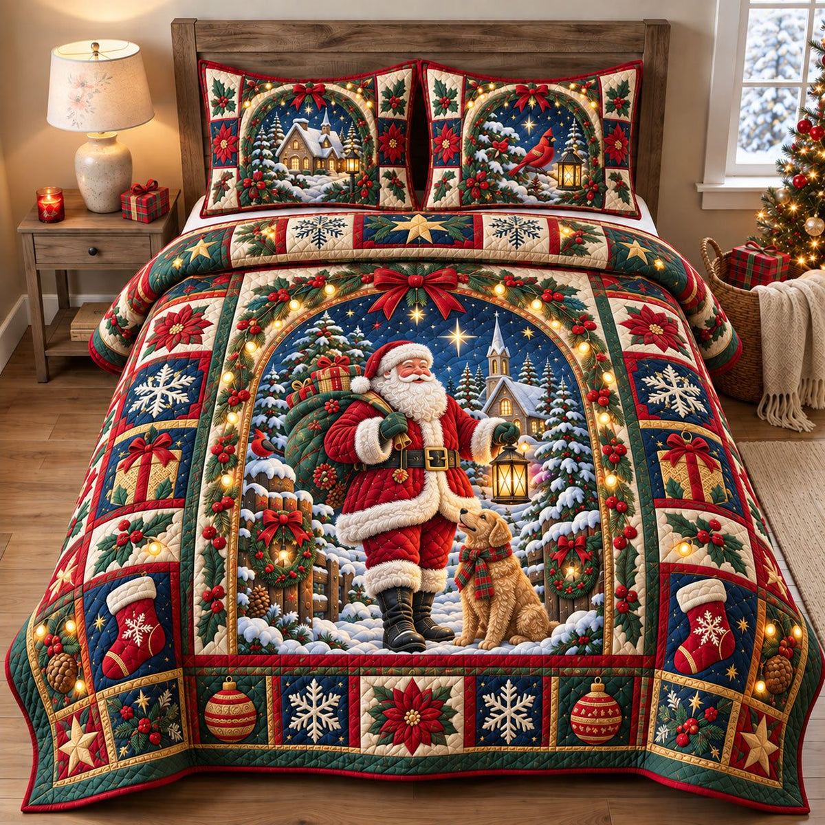 Santa Winter Village quilted 3-piece bedding set on a made bed in a winter-styled bedroom