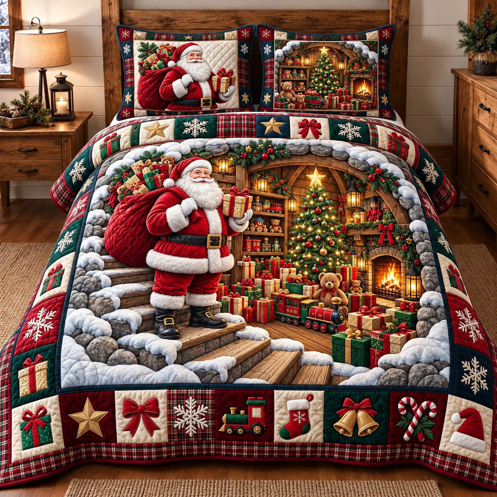 Santa Workshop quilted 3-piece bedding set on a made bed in a winter-styled bedroom