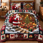 Santa Workshop quilted 3-piece bedding set on a made bed in a winter-styled bedroom