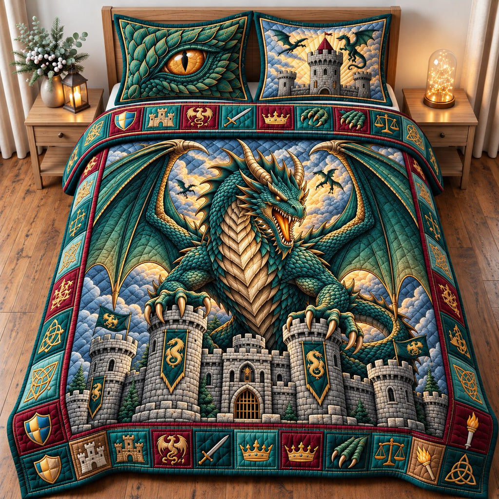 Sapphire Dragon quilted 3-piece bedding set on a made bed with two matching pillow shams