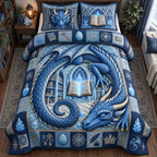 Sapphire Ice Dragon quilted 3-piece bedding set on a made bed with two matching pillow shams