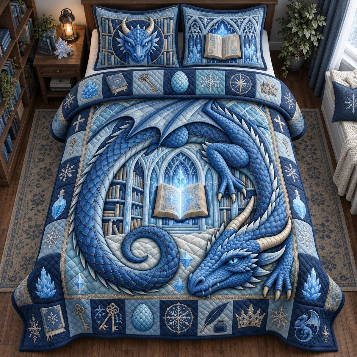 Sapphire Ice Dragon quilted 3-piece bedding set on a made bed with two matching pillow shams