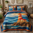 Scarlet Beacon quilted 3-piece bedding set on a made bed with two matching pillow shams