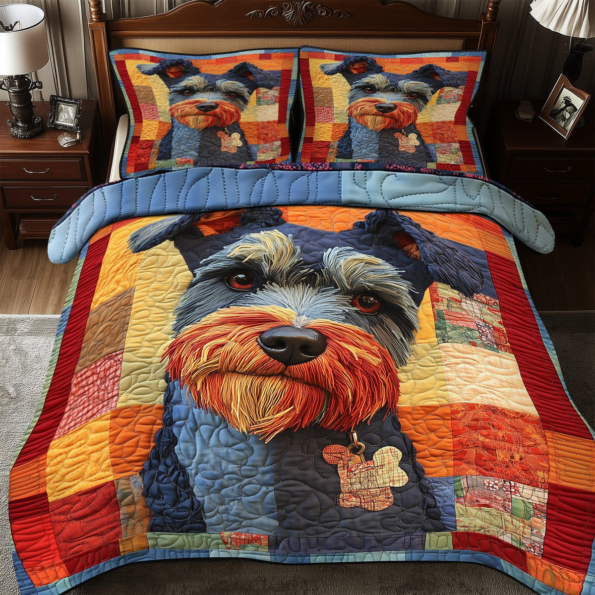 Schnauzer Bright quilted 3-piece bedding set on a made bed with two matching pillow shams