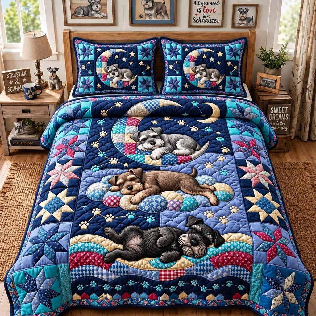 Schnauzer Dreamland quilted 3-piece bedding set on a made bed with two matching pillow shams