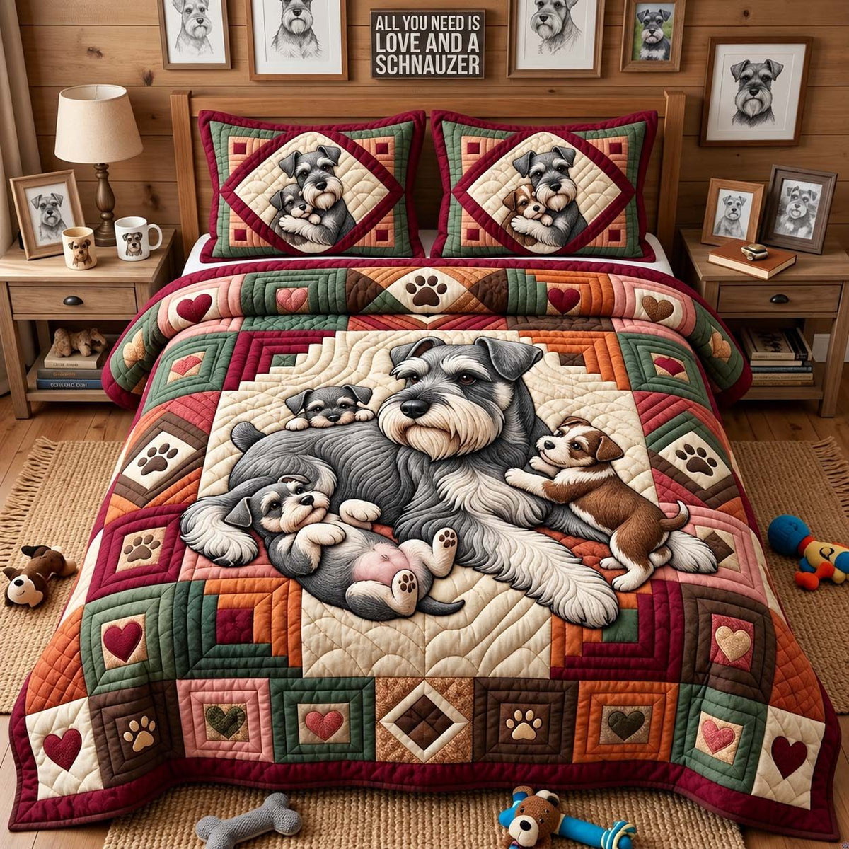 Schnauzer Family Love quilted 3-piece bedding set on a made bed with two matching pillow shams