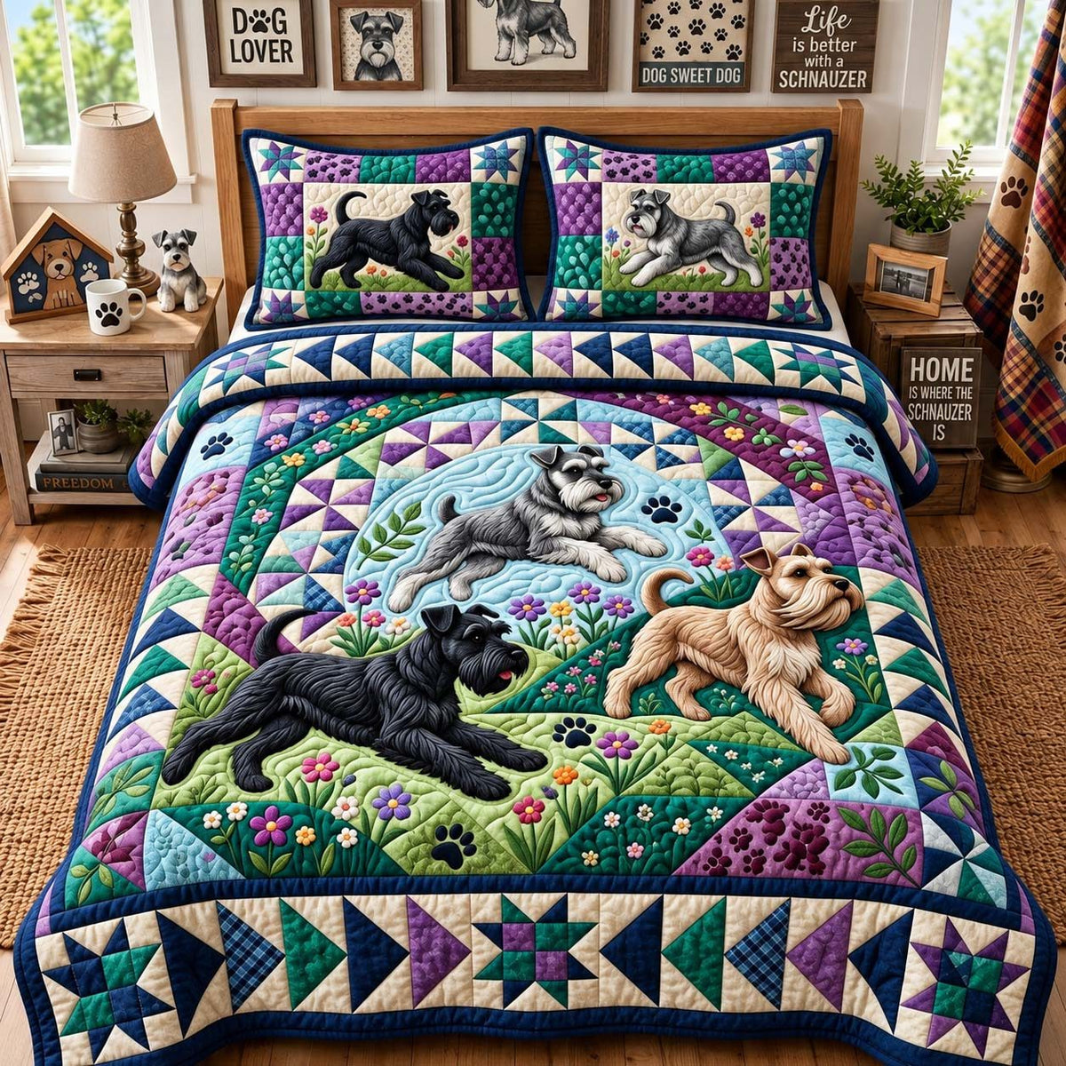 Schnauzer Garden Days quilted 3-piece bedding set on a made bed with two matching pillow shams