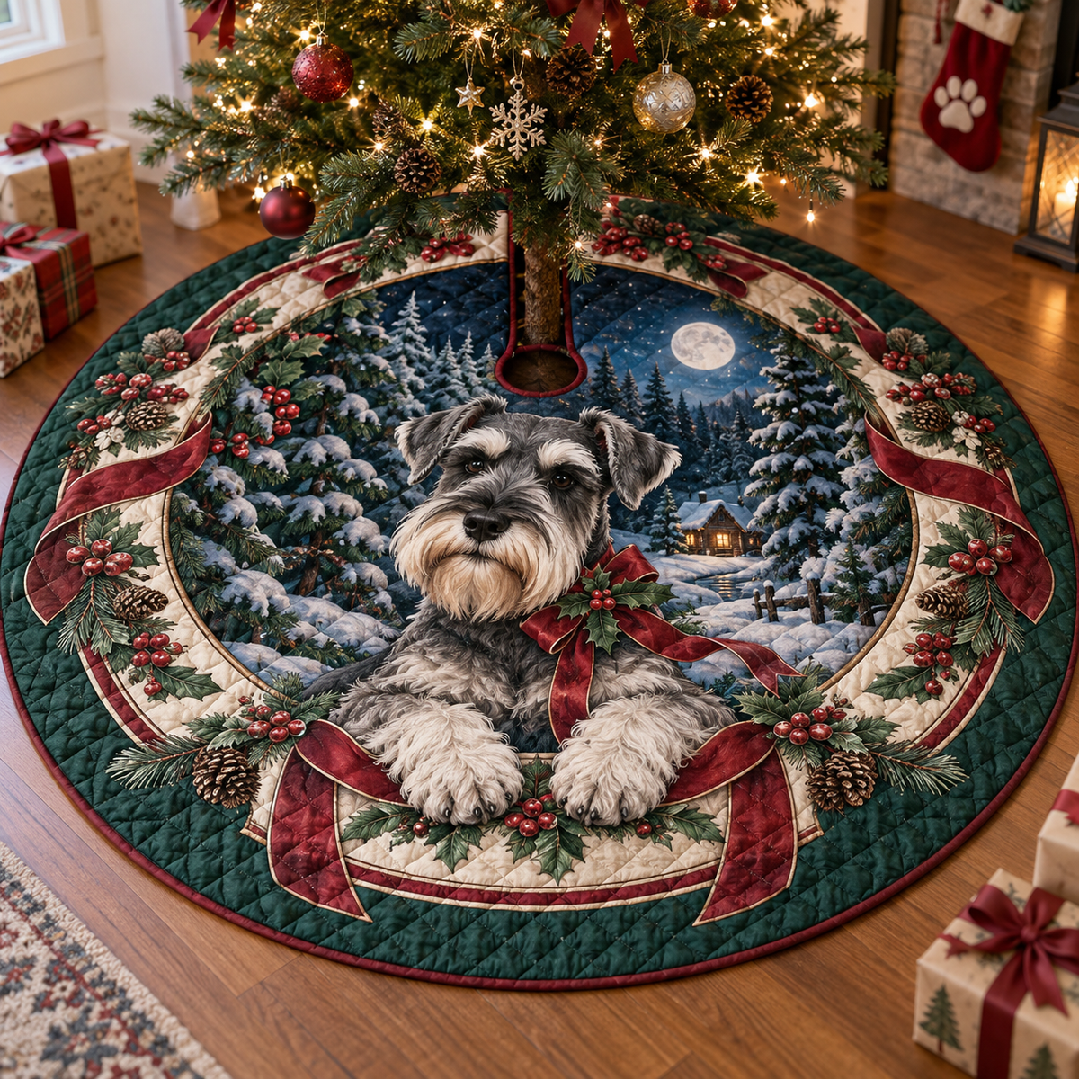 Schnauzer Quilted Christmas Tree Skirt — digital product visualization