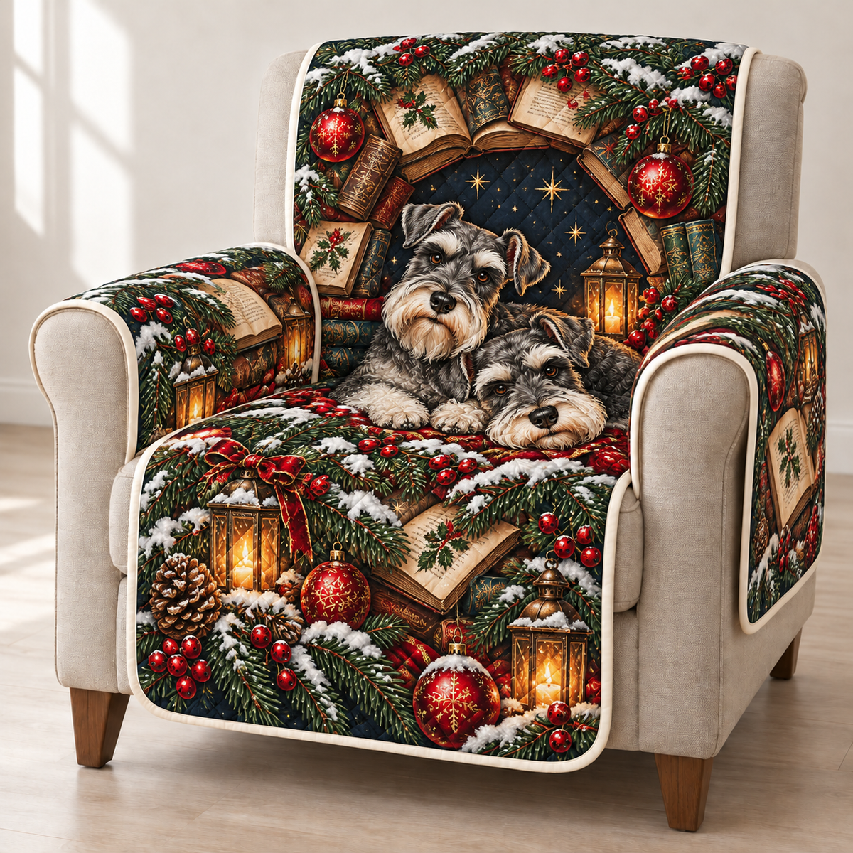 Two schnauzers beneath a book arch with lanterns printed on a quilted Christmas armchair cover with ivory binding; design mockup.